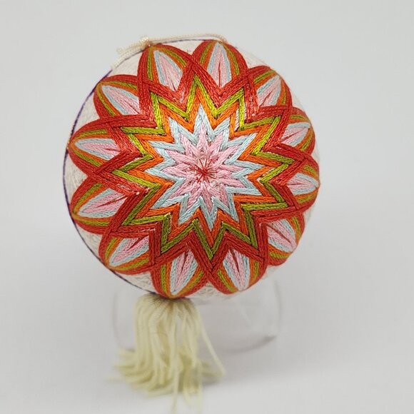 Handmade Japanese Temari Embroidered Ball With Geometric Orange Blue - Picture 1 of 6